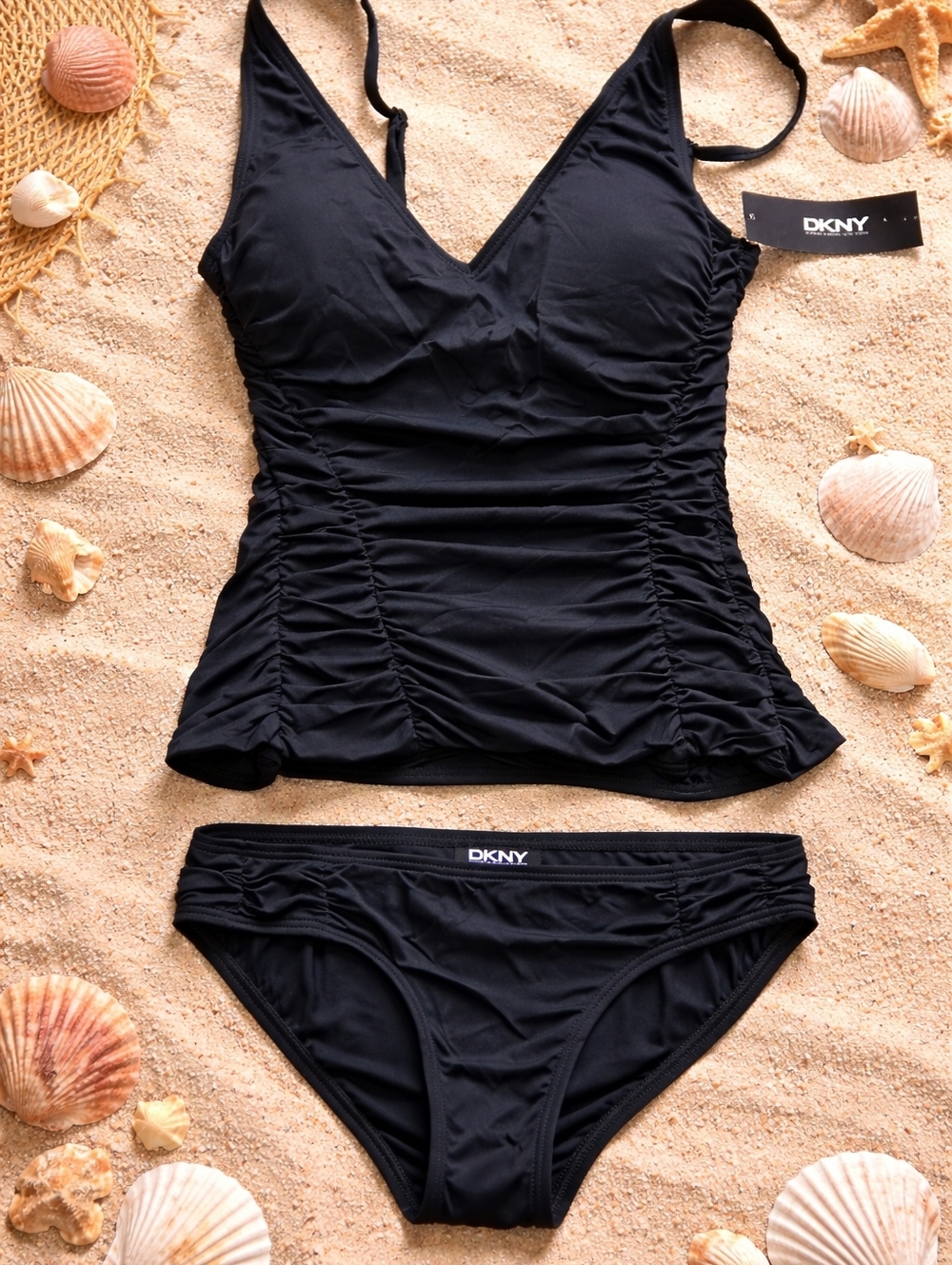DKNY Black Ruched Tankini Top with Matching Bikini Bottoms
